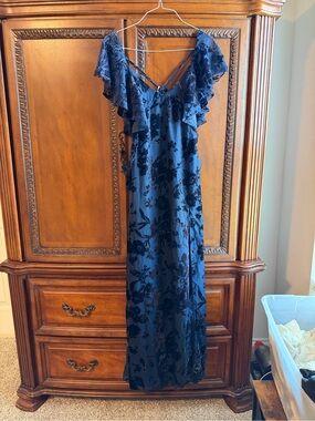Lulu's Navy Blue Floral Maxi Dress with Ruffle Shoulders
